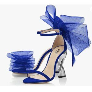 FYS Blue Sexy Mesh Big Bow Ankle Strap Satin Spiral Metal Chunky Heel Sandals